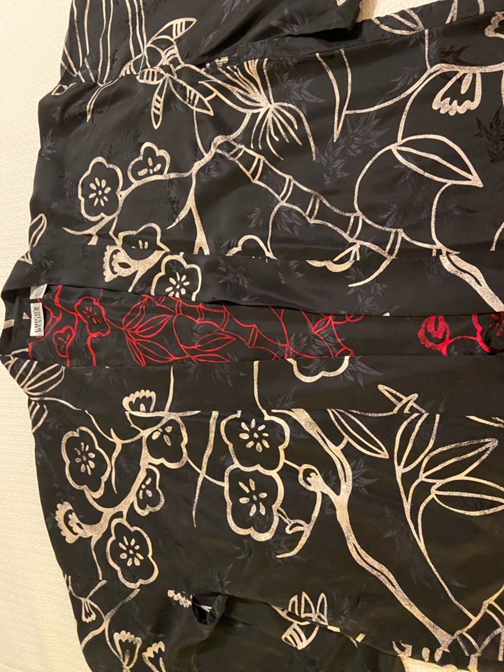 Chico's Black Floral Satin Kimono with Red Accents